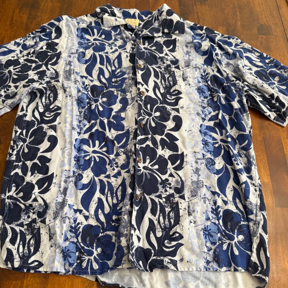 Jos. A.‎ Bank Mens Large 100% Silk Blue Floral Tropical Hibiscus Hawaiian Shirt - Picture 3 of 7